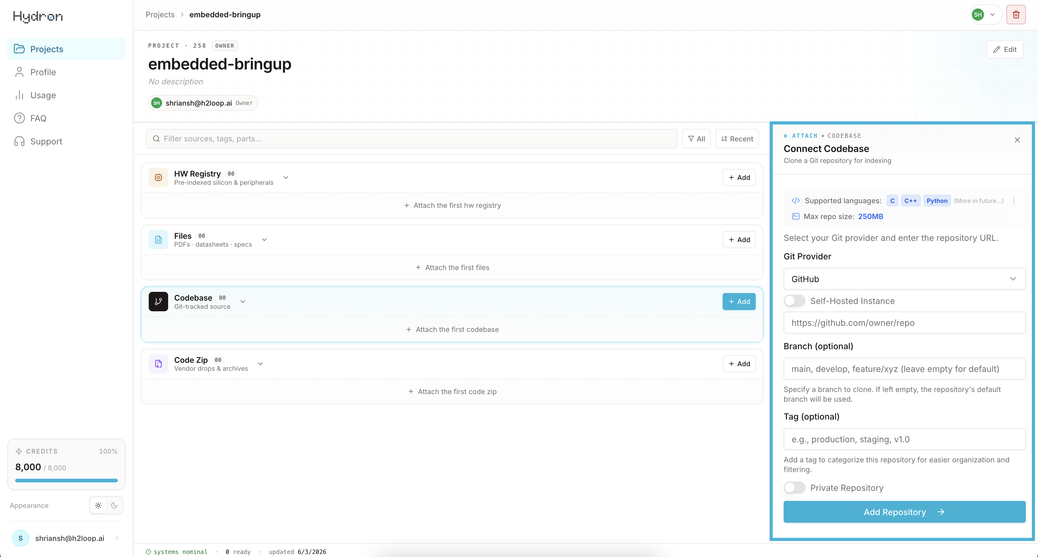 Codebase tab, GitHub URL input